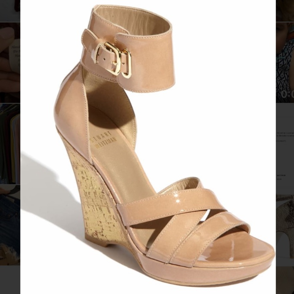 NEW Stuart Weitzman Nude Patent Sandal Wedges